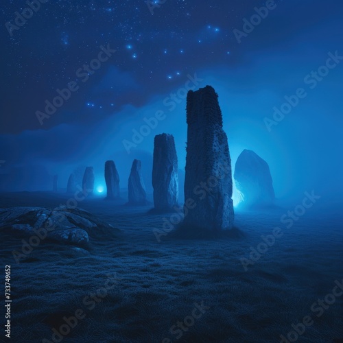 The beautiful megalithic in the morning displays a streak of blue light accompanied by a haze of smoke covering the rocks. Good for blogs, history, cultural parks, traveling etc. Generative Ai