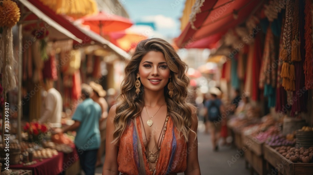 A beautiful woman standing in a market. Generative AI.