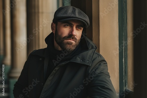 Portrait of a handsome bearded man in a black jacket and a cap standing on the street