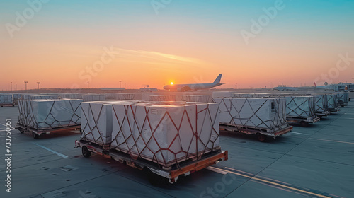 Sunset View of Air Cargo Containers Ready for Loading at Airport photo