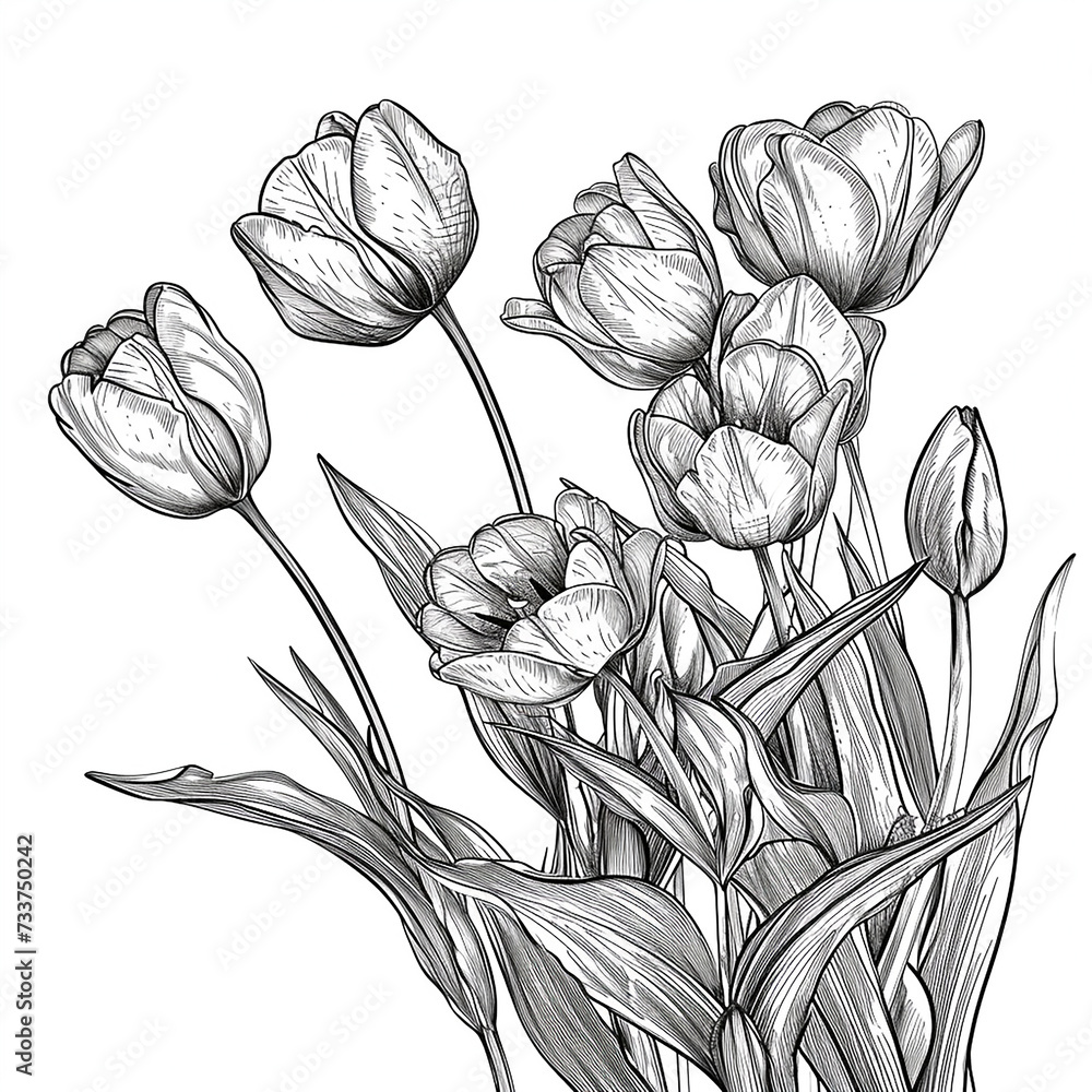 Hand drawn tulip bouquet of flowers. Coloring page. Black and white ...