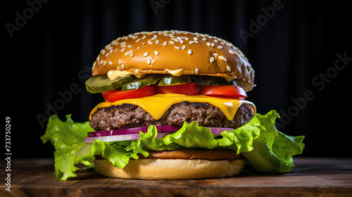A closeup of a cheeseburger with lettuce tomato onions and melting cheese on a wooden surface against a dark background