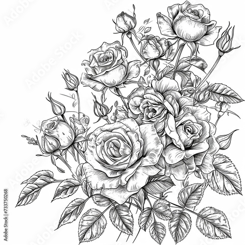 Hand drawn sketch of rose flowers. Coloring page isolated on white background. Vector illustration.