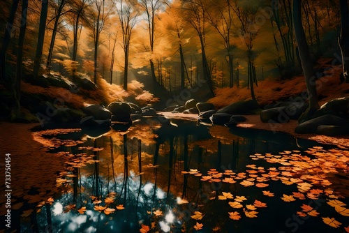 leaves on the water of lake in forest and a beautiful scene