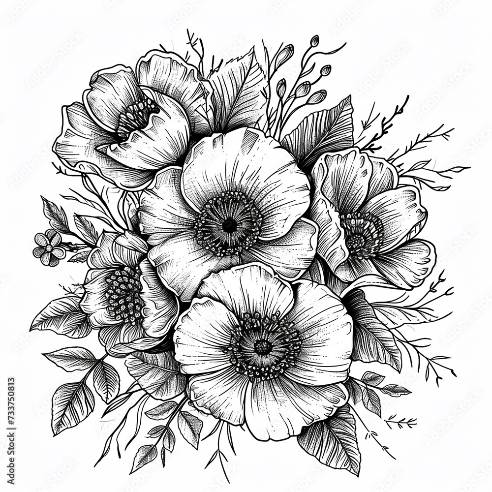 Bouquet of poppies and anemones, hand drawn vector illustration. Coloring page.