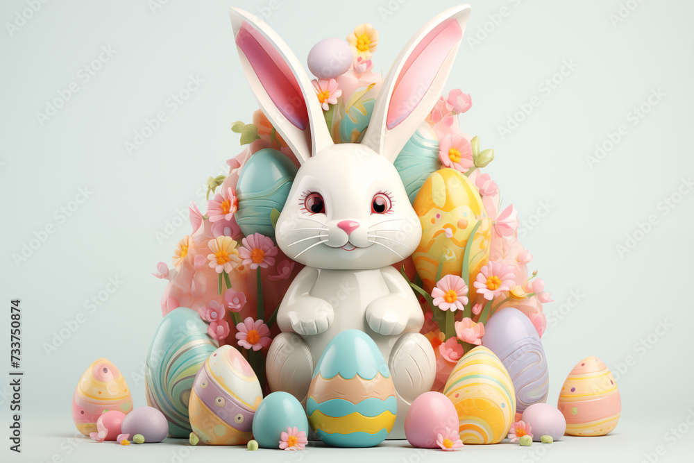Cute bunny with colorful Easter eggs Cute bunny with colorful Easter eggs