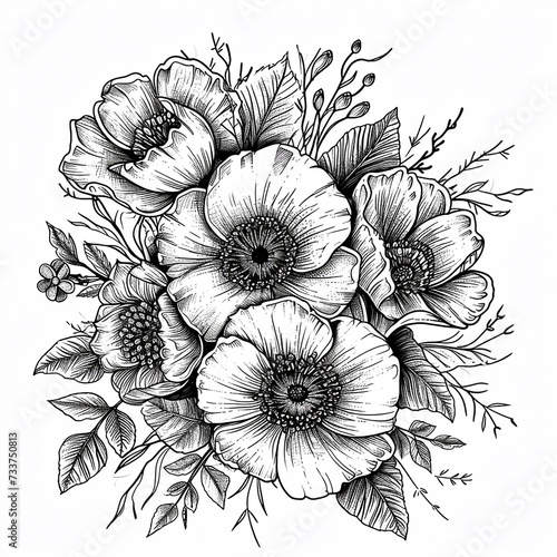 Bouquet of poppies and anemones  hand drawn vector illustration. Coloring page.