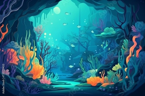 Beautiful undersea world in a realistic, cartoon style. Peaceful and creative artwork scene, perfect for wallpapers, story backgrounds, and card designs. Generative AI