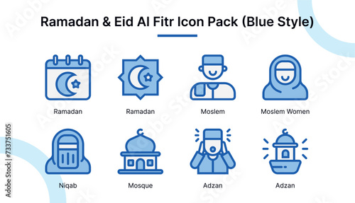 Ramadan and Eid Al Fitr Icon Set in Blue Style Suitable for web and app icons, presentations, posters, etc.