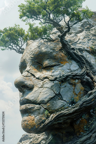 Monumental Stone Head of a Woman in Nature Wallpaper Background Poster Illustration Digital Art Cover Brainstorming © Korea Saii