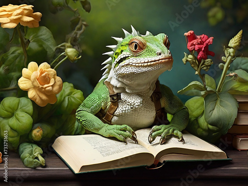 Green Lizard Reading Book with Flowers © SR STOCK 01