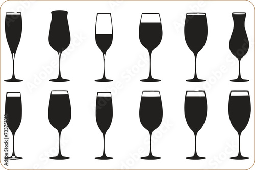 silhouettes of champagne glasses, Champagne glasses silhouettes icon set, Set of glasses vector, Vector illustration of champagne glasses