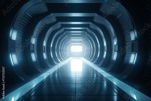 A futuristic tunnel with luminous wing-shaped lights, creating an otherworldly ambiance. Made of concrete and metal, resembling an extraterrestrial corridor or a showroom. Generative AI