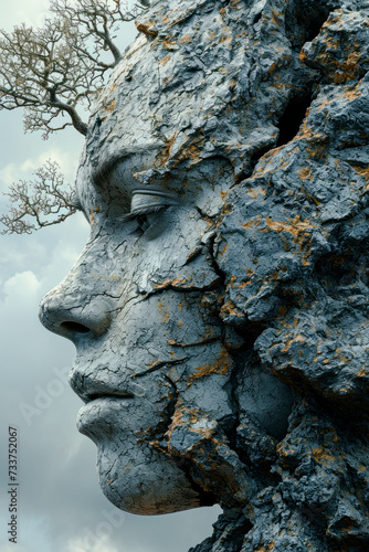 Monumental Stone Head of a Woman in Nature Wallpaper Background Poster Illustration Digital Art Cover Brainstorming