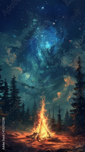 Galactic Night Over Forest Campfire