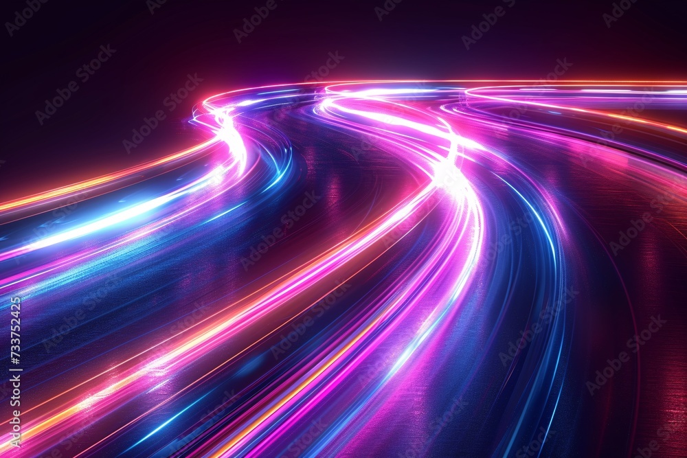 Create a futuristic design for banner presentations, flyers, and posters featuring rapid light trails on a dark background. Create a futuristic design for banner presentations, flyers, and posters featuring rapid light trails on a dark background.