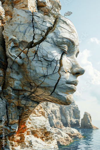 Monumental Stone Head of a Woman in Nature Wallpaper Background Poster Illustration Digital Art Cover Brainstorming