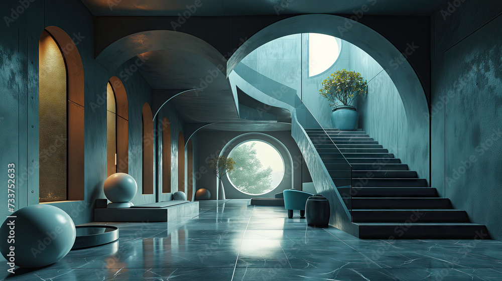 Abstract white and concrete parametric interior with window. 3D illustration and rendering. surreal Mobius style