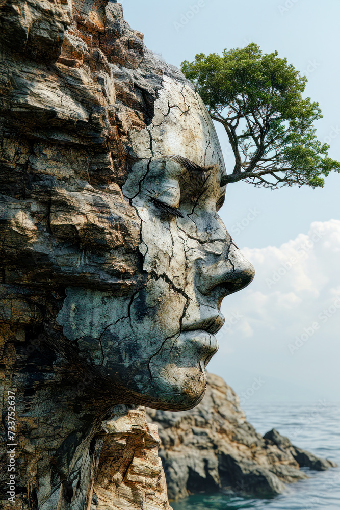 Monumental Stone Head of a Woman in Nature Wallpaper Background Poster Illustration Digital Art Cover Brainstorming Monumental Stone Head of a Woman in Nature Wallpaper Background Poster Illustration Digital Art Cover Brainstorming
