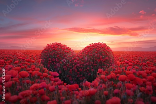 Nature's artistry on display, a field of red flowers meticulously arranged in the shape of a heart, bathed in the soft light of a setting sun
