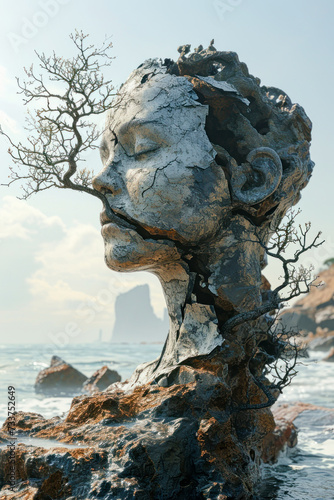 Monumental Stone Head of a Woman in Nature Wallpaper Background Poster Illustration Digital Art Cover Brainstorming © Korea Saii