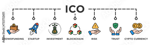ICO banner web icon vector illustration concept of initial coin offering with icon of crowdfunding, startup, investment, blockchain, risk, trust and cypto currency