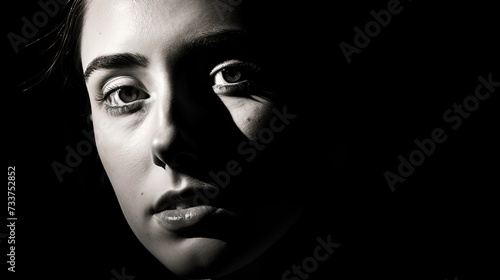 A monochrome closeup of a womans face with dramatic lighting highlighting half of her features against a dark background