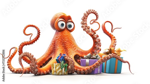 Octopus with gift boxes, in tentacles on white background