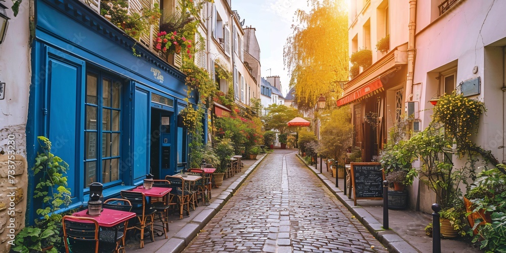 Charming corner in district in Paris, France displaying the city's remarkable building and famous sites.