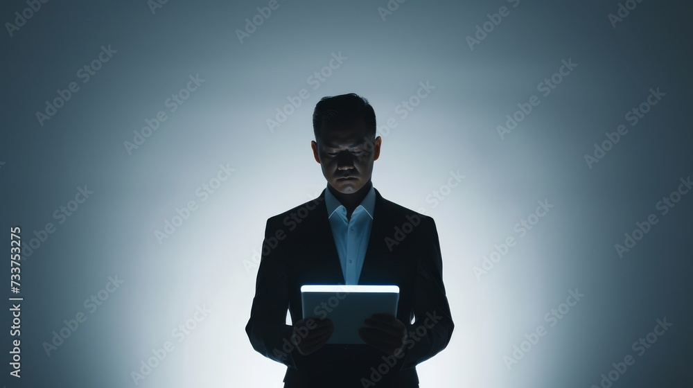 Bothered businessman looking at tablet and frowning while standing on white studio background Bothered businessman looking at tablet and frowning while standing on white studio background
