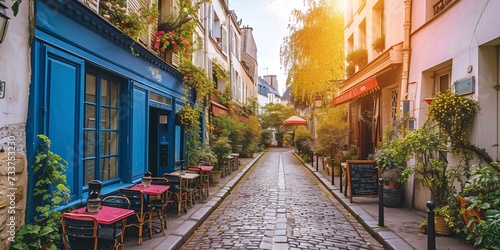 Charming corner in district in Paris, France displaying the city's remarkable building and famous sites.