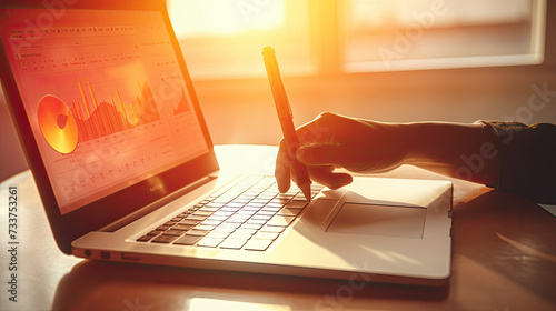 Fototapeta Naklejka Na Ścianę i Meble -  A person analyzing graphs on a laptop screen with a stylus during sunset highlighting business productivity and data interpretation