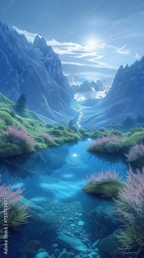 Serene Valley: A Fantasy Landscape - AI Generated Digital Art