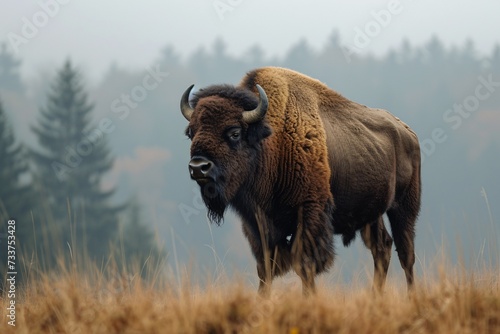 The European buffalo (Bison bonasus) is seen in the wilderness.