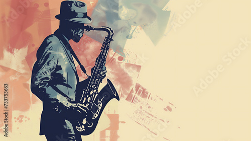 Afro-American male jazz musician saxophonist playing a saxophone in an abstract vintage distressed style painting for a poster or flyer, stock illustration image