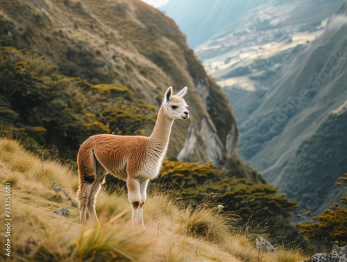 A single alpaca wondering through wild nature. 