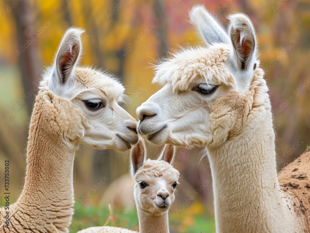 Obraz premium Close up of alpacas with a young ones.
