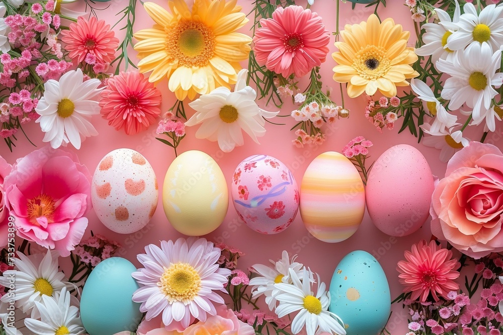 Seamless pattern: Easter eggs and flowers on a pink background, top view. Generated ai Seamless pattern: Easter eggs and flowers on a pink background, top view. Generated ai