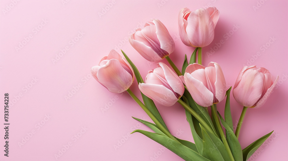 Spring flower composition with delicate pink tulips against a pastel pink background. Generative AI