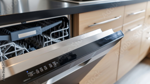Close-Up of Open Dishwasher in a Sleek Modern Kitchen, view above