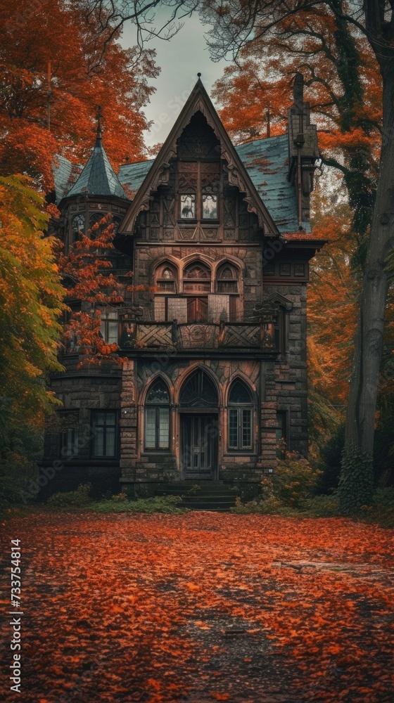 Large house with a clock on the front. Vertical background 