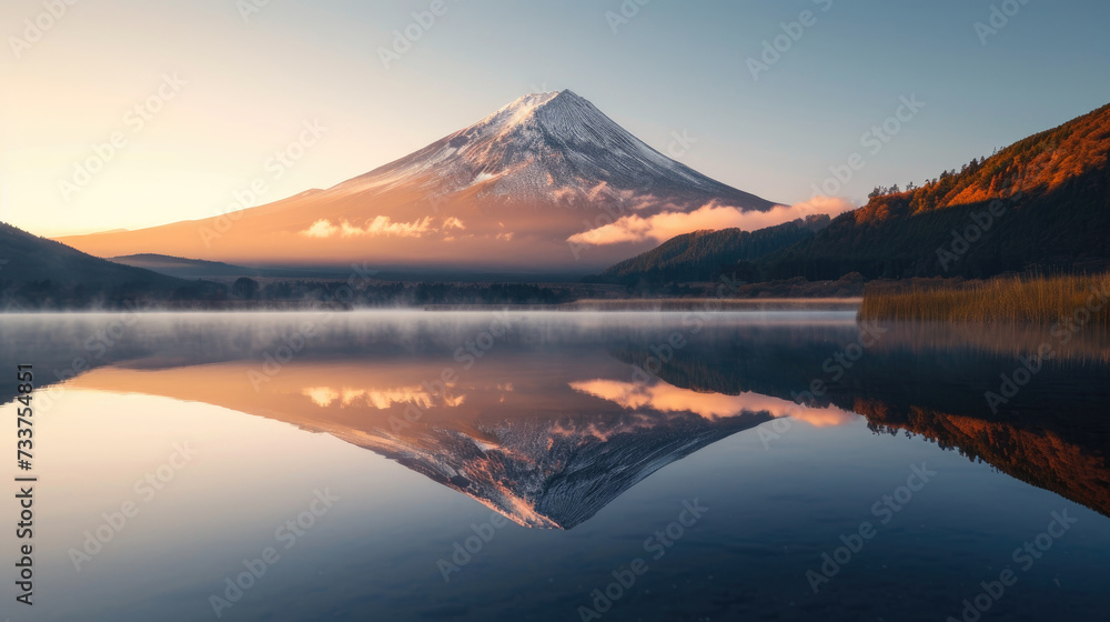 Tranquil dawn with volcanic mountains reflected on pristine lake surface Tranquil dawn with volcanic mountains reflected on pristine lake surface