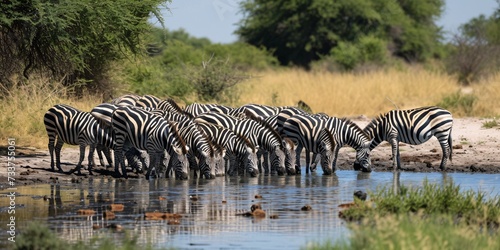 Group of striped horses quenching their thirst at the watering hole near the camp.