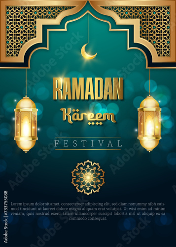 ramadan islamic flyer poster template with lantern decoration gradient green background design