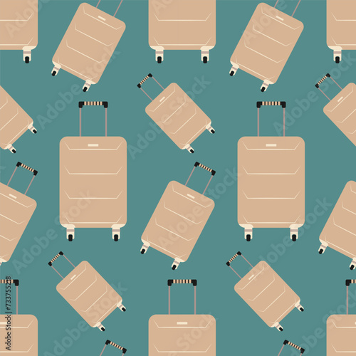 Seamless pattern with travel cartoon plastic suitcases on wheels. Background with travel bag, case, trunk, valise.
