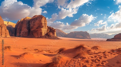The scenery of the arid Wadi Rum Valley in southern Jordan.