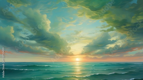 sunset over the sea A breathtaking sunset over a virtual ocean, painting the sky in shades of green hues © Iram__Art's 