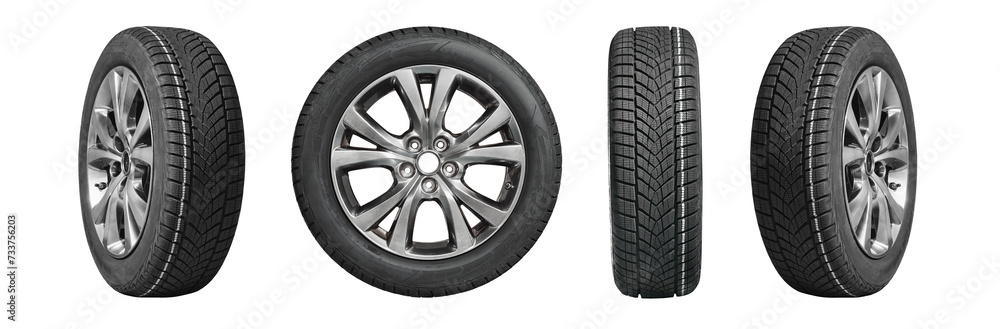 Collection car tires with alurim on free On isolated transparent PNG background.