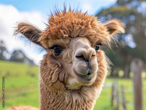 Close-up of a brown alpaca's face with a curious look.