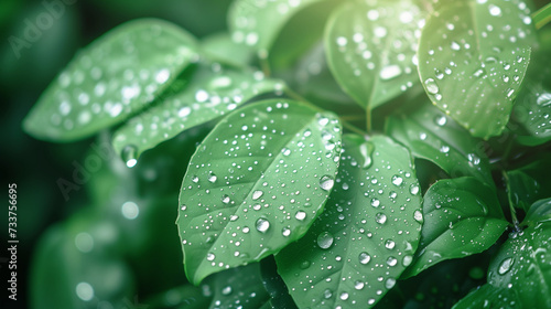 雨上がりのぷっくりした水滴がたくさんついている緑の葉っぱのアップの写真、背景光のボケ